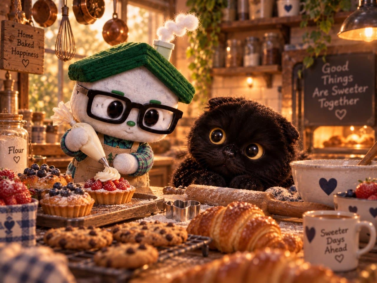 Grace watching the little house pipe cream onto a tart in a warm bakery, beside a chalkboard reading Good Things Are Sweeter Together