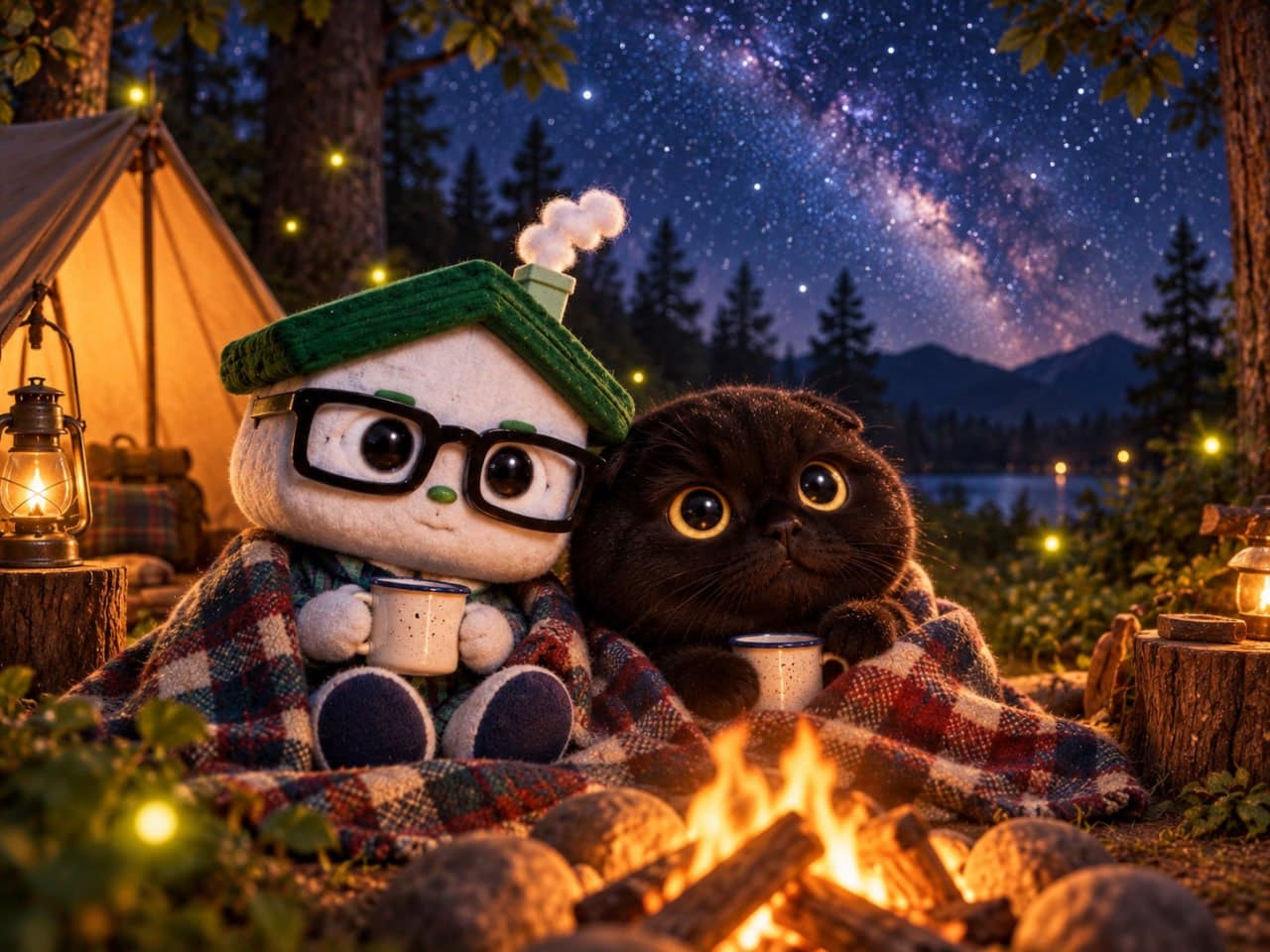 Grace and the little house wrapped in a blanket by a campfire under the Milky Way, holding enamel mugs