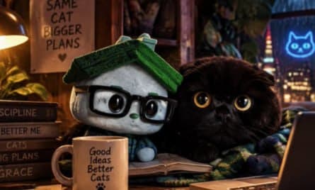 Grace at a desk at night beside a neon cat sign and a mug reading Good Ideas Better Cats