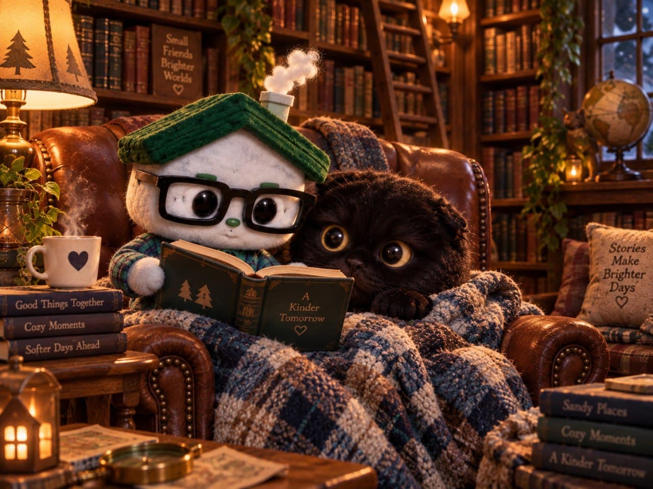 Grace tucked into a plaid blanket in a leather armchair while the little house reads a book called A Kinder Tomorrow