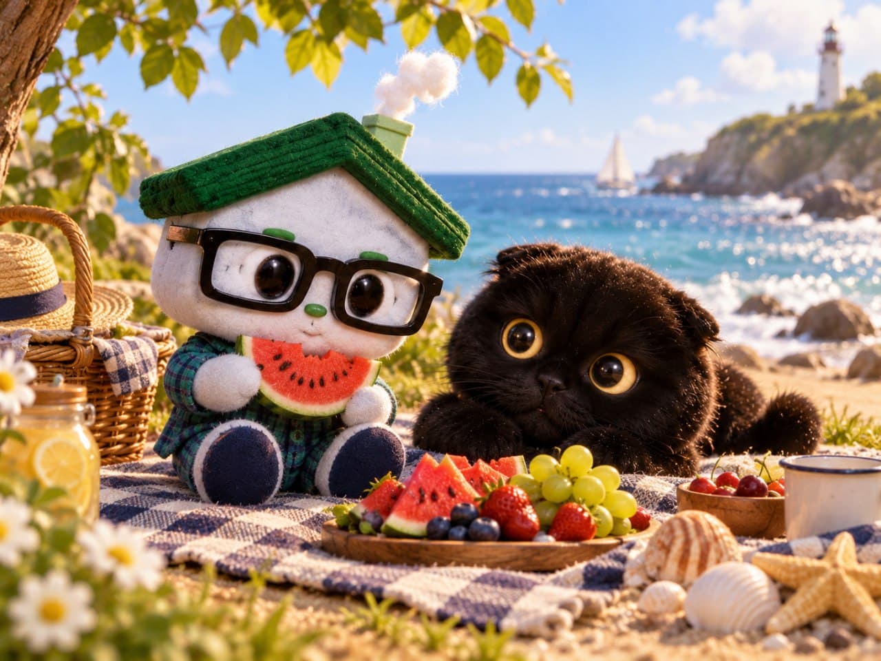 Grace at a seaside picnic with watermelon, a lighthouse and a sailboat behind her