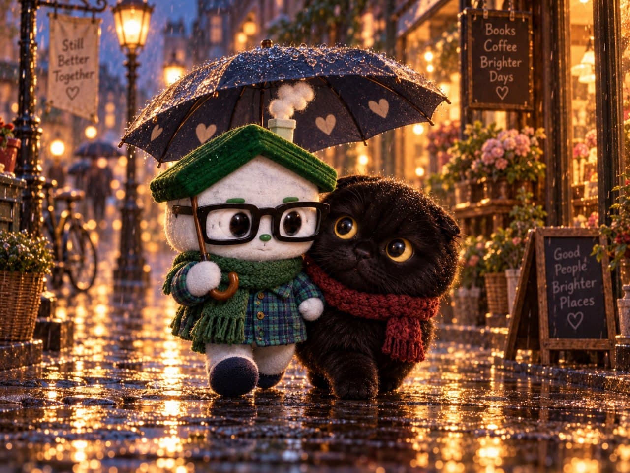Grace in a red knitted scarf walking a rainy lamplit street under a heart-patterned umbrella with the little house