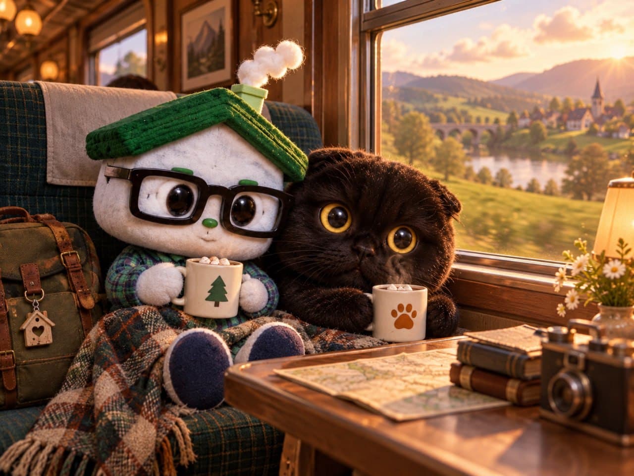 Grace and the little house sharing cocoa on a vintage train as the countryside goes past at golden hour
