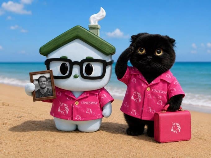 Grace and the little house standing on a beach in matching pink Uniswap shirts