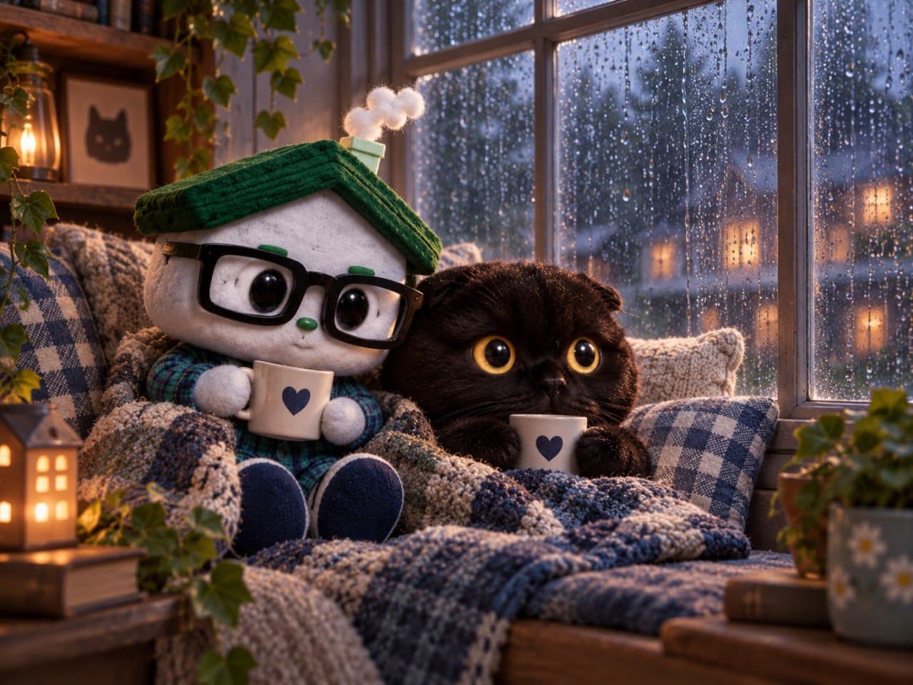 Grace and the little house on a window seat with heart-print mugs while rain runs down the glass